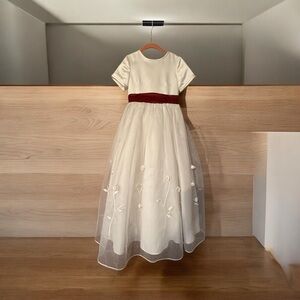 Elegant Off White Children’s Dress with Burgundy Sash Size 6x